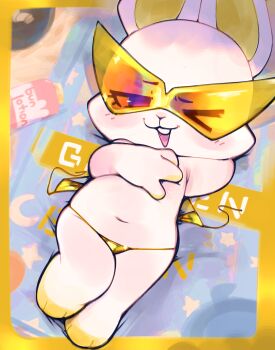 1girl 2026 arm_behind_head bikini bikini_bottom_only bombun chibi covering_privates eyelashes furry gold_bikini highres ligma_(drawfag) looking_at_viewer lying navel on_back one_eye_closed open_mouth outdoors portrait rabbit solo sunglasses swimsuit teeth towel