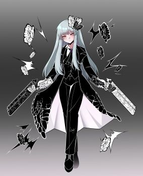 Rule 34 | 1girl, absurdres, angela (project moon), animal print, ascot, belt, belt buckle, black ascot, black belt, black butterfly, black coat, black pants, black shoes, black vest, blush, brooch, buckle, bug, butterfly, butterfly hair ornament, butterfly print, buttons, closed mouth, coat, collared shirt, commentary request, crossed legs, dress pants, dual wielding, e.g.o (project moon), expressionless, finger on trigger, full body, gloves, gradient background, grey background, grey hair, gun, hair ornament, handgun, highres, holding, holding gun, holding weapon, insect, jewelry, jjong (7 jjong 9), korean commentary, lapels, library of ruina, long hair, long sidelocks, long sleeves, looking at viewer, notched lapels, open clothes, open coat, orange eyes, outline, pants, project moon, shirt, shoes, sidelocks, signature, solemn lament (e.g.o), solo, standing, vest, waistcoat, weapon, white butterfly, white gloves, white outline, white shirt