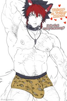 1boy abs armpit_hair armpits boxer_briefs bulge collar highres hot jewelry komano_manato looking_at_viewer male_focus male_underwear pectorals pendant pubes_exposed red_hair scar scar_on_chest tail underwear username veins veiny_arms wolf_boy wolf_tail zenless_zone_zero