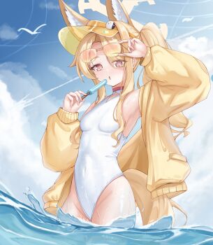 Rule 34 | absurdres, animal ear fluff, animal ears, blonde hair, blue archive, blue sky, breasts, clothing cutout, cloud, contrail, covered navel, cross halo, day, diamond cutout, fox ears, fox girl, fox tail, halo, harveythenerdy, highleg, highleg one-piece swimsuit, highres, jacket, long hair, looking at viewer, official alternate costume, official alternate hairstyle, one-piece swimsuit, orange-tinted eyewear, orange eyes, outdoors, popped collar, seia (blue archive), seia (swimsuit) (blue archive), side ponytail, sky, small breasts, sunglasses, swimsuit, tail, tinted eyewear, visor cap, wading, water, white one-piece swimsuit, yellow halo, yellow jacket, yellow visor