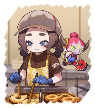 1girl absurdres ansha_(pokemon) apron blue_eyes blue_gloves border brown_hair brown_shirt buttons closed_mouth commentary_request eyelashes food gen_6_pokemon gloves hat highres holding hoopa hoopa_(confined) legendary_pokemon light_blush long_hair looking_down mythical_pokemon nintendo pokemon pokemon_(creature) pokemon_legends:_z-a shirt short_sleeves smile sora_ringo white_border yellow_apron