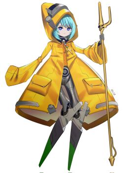 1girl android aqua_hair blue_eyes cane coat cross cross_necklace full_body highres holding holding_cane jewelry joints jubilee_2025 looking_at_viewer luce_(jubilee_2025) mechanization necklace raincoat rd49 robot_joints rosary short_hair solo white_background yellow_coat yellow_raincoat