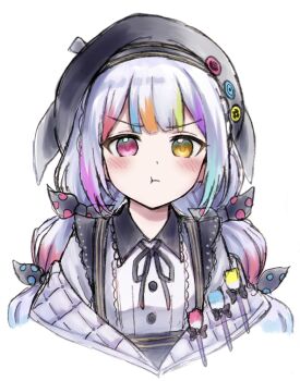1girl :t amasaki333 beret black_ribbon blunt_bangs bow closed_mouth commentary_request furrowed_brow hat heterochromia highres jogasaki_noah long_hair looking_at_viewer mahou_shoujo_no_majo_saiban multi-tied_hair multicolored_hair neck_ribbon paintbrush polka_dot polka_dot_bow pout ribbon simple_background solo streaked_hair upper_body white_background white_hair yellow_eyes