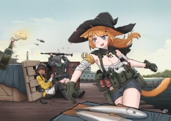 3girls aircraft animal_ears apron ass bandaged_arm bandages battle black_hair blind_fire blood blue_eyes boat boots bottle breasts brown_hair butcher_(polilla) capelet cargo_pallet cat_tail chest_sarashi cigarette cleavage combat_webbing commentary crate dock english_commentary explosive extra_ears fire firing fish gloves green_gloves grenade hat helicopter hill kalashnikov_rifle long_hair magazine_(weapon) matchbox midriff_peek molotov_cocktail multiple_girls no_pants orange_hair original outdoors panties ponytail pouch reloading river sarashi short_hair short_shorts shorts smile smoking srtdrawart star_ornament tail tarpaulin throwing underwear watercraft white_apron witch_hat