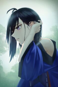 1girl antenna_hair commentary_request highres kis_sako lips looking_to_the_side medium_hair original profile purple_eyes rain solo teeth wet wet_hair