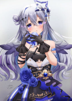 1girl absurdres amane_kanata amane_kanata_(another_world) bare_shoulders black_choker black_gloves black_jacket black_sports_bra blue_hair blue_halo blue_wings blush box choker collarbone commentary_request crossed_bangs gloves gradient_hair gradient_wings grey_background grey_hair hair_between_eyes hair_bun halo heart heart-shaped_box highres hololive jacket jewelry long_hair looking_at_viewer multicolored_hair multicolored_wings necklace official_alternate_costume official_alternate_hairstyle parted_bangs parted_lips purple_eyes signature simple_background single_hair_bun single_hair_intake single_side_bun solo sports_bra star_halo tilted_halo upper_body valentine virtual_youtuber white_hair white_wings wings yukikawa_sara