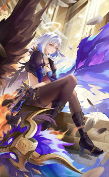 1girl absurdres asymmetrical_wings black_boots black_jacket black_pantyhose black_thighhighs blue_bra boots bra breasts chigusa7h chimera_(wuthering_waves) closed_mouth commentary cropped_jacket feathers galbrena_(wuthering_waves) grey_hair gun high_heel_boots high_heels highres holding holding_gun holding_weapon jacket looking_at_viewer medium_breasts medium_hair mismatched_wings pantyhose purple_eyes single_leg_pantyhose single_thighhigh sitting solo stomach tacet_discord_(wuthering_waves) thighhighs underwear weapon wings wuthering_waves
