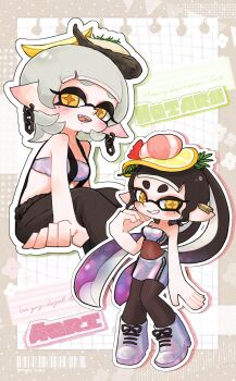 2girls baggy_pants black_hair blush bodystocking boots callie_(splatoon) callie_(summer_nights)_(splatoon) chain chain_earrings character_name earrings fangs flower food fruit full_body gradient_hair graph_paper grey_background grey_hair grid_background highres inkling jewelry lemon lemon_slice lined_paper long_hair looking_at_viewer marie_(splatoon) marie_(summer_nights)_(splatoon) mole mole_under_eye multicolored_hair multiple_girls nintendo open_mouth outline oyster pants pointy_ears polka_dot polka_dot_background purple_hair shrimp sitting skirt smile smr_ika splatoon_(series) splatoon_3 standing strapless suspenders sweatpants tentacle_hair tube_top twintails two-tone_hair white_background white_outline yellow_eyes