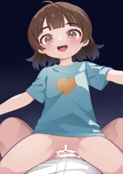 1boy 1girl ahoge bar_censor black_background blue_shirt blush brown_eyes brown_hair censored clothed_sex cowgirl_position cum cum_in_pussy girl_on_top gradient_background hammer_(sunset_beach) hetero loli open_mouth original pov sex shirt short_sleeves smile straddling t-shirt teeth upper_teeth_only white_shirt