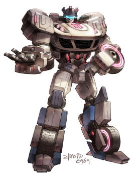 Rule 34 | assault visor, autobot, hand on own hip, humanoid robot, insignia, jazz (transformers), machine, mecha, miyako nagi, neon trim, robot, simple background, transformers, transformers: fall of cybertron, wheel, white background