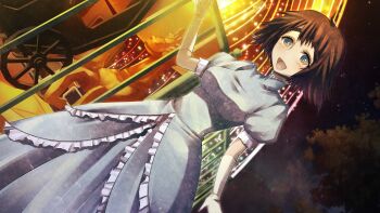 1girl amusement_park aqua_eyes black_hair black_trim blue_dress blue_eyes breasts carousel collar collarbone dress dutch_angle elbow_gloves frilled_collar frilled_dress frilled_skirt frills game_cg gloves happy high_collar highres holding holding_pole horse huke layered_skirt long_skirt looking_at_viewer medium_breasts medium_hair night night_sky non-web_source official_alternate_costume official_art open_mouth outdoors outstretched_arm pink_lips pole puffy_short_sleeves puffy_sleeves ringed_eyes science_adventure shiina_mayuri shiny_lips short_sleeves skirt sky solo square_pupils standing star_(sky) starry_sky steins;gate steins;gate:_my_darling&#039;s_embrace tareme tongue tree white_gloves white_horse