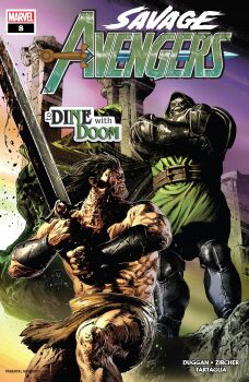 2018 2boys absurdres architecture armor artist_name barbarian black_hair cape comic_cover conan_(series) conan_the_barbarian crossed_arms dated doctor_doom english_text fantastic_four full_armor fur-trimmed_armor fur_trim greco-roman_architecture green_hood green_tunic grey_mask highres holding holding_sword holding_weapon hood hooded_cape loincloth long_hair marvel mask metal_mask multiple_boys muscular muscular_male pillar power_armor sidelighting signature sunlight superhero_costume sword tunic valerio_giangiordano weapon western_comics_(style)