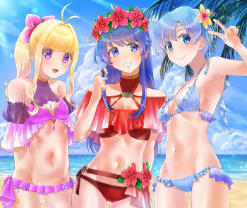3girls alternate_costume beach bikini blonde_hair blue_bikini blue_eyes blue_hair breasts clarine_(fire_emblem) fire_emblem fire_emblem:_the_binding_blade flower highres lilina_(fire_emblem) lilina_(summer)_(fire_emblem) multiple_girls nintendo ocean ponytail purple_bikini purple_eyes red_bikini shanna_(fire_emblem) short_hair small_breasts smile swimsuit tsukimura_(d24f4z8j3t)