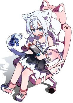 1girl absurdres ahoge animal_ear_fluff animal_ears black_skirt blue_bow blue_eyes blue_hair blue_hairband bow bow_choker cat_ears cat_girl cat_tail chair choker commentary commission extra_ears fang flying_sweatdrops full_body gaming_chair hair_ornament hairband handheld_game_console hashtag-only_commentary highres holding holding_handheld_game_console jacket long_hair low_twintails moepu. motion_lines nintendo_switch open_clothes open_jacket open_mouth original pink_jacket pink_shoes playing_games pom_pom_(clothes) pom_pom_hair_ornament shirt shoes sitting skeb_commission skin_fang skirt sleeveless sleeveless_shirt solo striped_clothes striped_hairband swivel_chair tail tail_bow tail_ornament twintails two-tone_hairband white_background white_bow white_choker white_hairband white_shirt