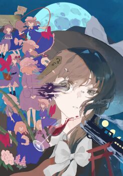 Rule 34 | 2girls, bamboo, blonde hair, brown eyes, brown hair, commentary, cup, dress, drinking glass, expressionless, faceless, faceless female, fish zeratin, flower, full body, full moon, gap (touhou), hair ribbon, hat, highres, maribel hearn, medium hair, mob cap, moon, multiple girls, parted lips, purple dress, ribbon, rod of remorse, torii, touhou, train, translation request, upper body, usami renko, variations, wine glass