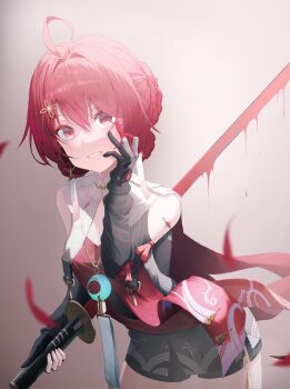 1girl absurdres ahoge black_dress black_gloves black_shorts black_sleeves blood blood_on_face braid breasts chinese_clothes clothing_cutout collar commentary cowboy_shot crescent danjin_(wuthering_waves) dress empty_eyes fingerless_gloves folded_braid gloves hair_between_eyes hair_intakes hair_ornament highres jewelry looking_at_viewer mandarin_collar md5_mismatch medium_breasts medium_hair necklace red_eyes red_hair resolution_mismatch revision shorts shoulder_cutout single_fingerless_glove smile solo source_smaller sunyang tacet_mark_(wuthering_waves) white_collar wuthering_waves yandere_trance