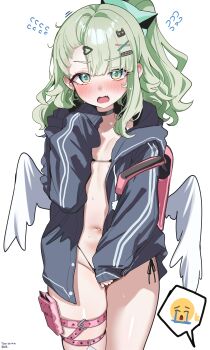 1girl absurdres angel_wings backpack bag bandaid bandaid_hair_ornament bear_hair_ornament bikini black_bikini black_choker blush breasts choker covering_privates earrings fake_wings fang flying_sweatdrops green_eyes green_hair grey_jacket hair_ornament hairclip hand_up heart heart_hair_ornament highres jacket loli long_hair long_sleeves looking_at_viewer micro_bikini multiple_hairclips musical_note_earrings navel open_mouth ponytail pouch randoseru sak_(lemondisk) side-tie_bikini_bottom simple_background skin_fang sleeves_past_fingers sleeves_past_wrists small_breasts solo sunna_(zenless_zone_zero) sweat swimsuit thigh_pouch thigh_strap thighs uohhhhhhhhh!_(meme) white_background winged_bag wings zenless_zone_zero