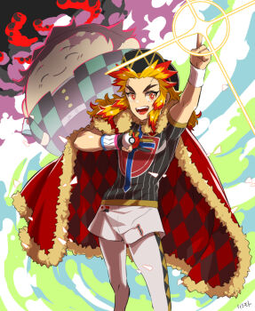 Rule 34 | :d, aged down, arm up, baseball cap, black hat, black shirt, blonde hair, cape, champion uniform, character doll, closed eyes, closed mouth, colored tips, commentary request, cosplay, doll, dynamax, dynamax band, fire, floating hair, forked eyebrows, fur-trimmed cape, fur trim, gloves, hashimoto (yanagi-momo), hat, holding, holding poke ball, kamado tanjirou, kimetsu no yaiba, leggings, leon (pokemon), long hair, looking at viewer, male focus, multicolored eyes, multicolored hair, multiple boys, nintendo, open mouth, partially fingerless gloves, pointing, pointing up, poke ball, poke ball (basic), pokemon, pokemon swsh, print shirt, red cape, red eyes, red hair, rengoku kyoujurou, scar, scar on face, scar on forehead, shirt, short shorts, short sleeves, shorts, single glove, smile, smoke, solo, sparkle, standing, streaked hair, teeth, tongue, two-tone hair, upper teeth only, white shorts, wristband, yellow eyes