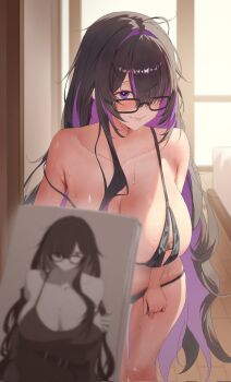 1girl bandaid bandaids_on_nipples black_bra black_hair black_panties blush bra breasts colored_inner_hair corrupted_twitter_file glasses goddess_of_victory:_nikke hair_intakes hashtag-only_commentary highres huge_breasts label_(nikke) long_hair looking_at_viewer messy_hair multicolored_hair neptune_illust nipple_cutout panties pasties purple_eyes purple_hair solo sweat two-tone_hair underwear very_long_hair wavy_hair