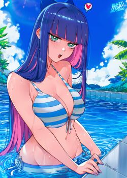 1girl armpits bare_shoulders bikini blue_eyes blue_hair blunt_bangs bow breasts cesar_art456 cleavage colored_inner_hair hair_bow highres hip_bones large_breasts long_hair looking_at_viewer multicolored_hair navel open_mouth panty_&amp;_stocking_with_garterbelt pink_hair pool purple_hair purple_nails solo stocking_(psg) stomach striped_clothes swimming swimsuit teeth tree two-tone_hair upper_teeth_only water