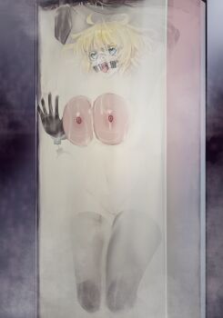 1girl absurdres against_glass animal_ears bath bathroom blonde_hair breast_press breasts breasts_on_glass cuffs cum cum_bath cumdump gag gloves handcuffs highres large_breasts le_fantasque_buhuijiashuai princeton_(warship_girls_r) rabbit_ears ring_gag sex shower showering thighhighs warship_girls_r