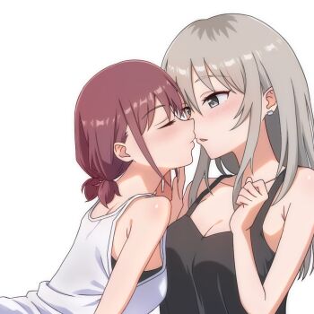 Rule 34 | 2girls, black tank top, blush, closed eyes, closed mouth, commentary request, earclip, fireknight444777, girls band cry, grey eyes, grey hair, iseri nina, kawaragi momoka, multicolored hair, multiple girls, parted lips, red hair, roots (hair), short twintails, simple background, tank top, twintails, upper body, white background, white tank top, yuri