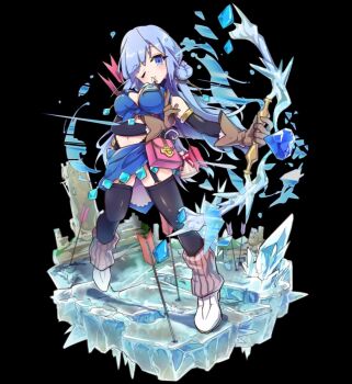 1girl arm_behind_back arrow_(projectile) bare_shoulders belt_pouch black_background black_thighhighs blue_eyes blue_hair boots bow_(weapon) breasts brown_gloves cleavage collarbone detached_sleeves double_bun front-tie_top full_body garter_straps gloves hair_bun halterneck hand_on_own_hip highres holding holding_arrow holding_bow_(weapon) holding_weapon ice large_breasts leaning_back leg_warmers long_hair looking_at_viewer merc_storia merc_storia_art_team navel official_art one_eye_closed parted_lips pouch quiver simple_background skirt solo standing stella_(merc_storia) tachi-e thighhighs thighs v-shaped_eyebrows weapon white_boots