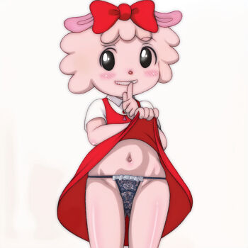 1girl animal animal_ears black_eyes black_panties blush bow clothes_lift dress dress_lift finger_to_mouth flat_chest floral_print furry grin hair_bow highres loli looking_at_viewer makiba_ramurin navel panties pink_fur pink_hair print_panties red_bow red_dress sheep sheep_ears sheep_girl shima_shima_tora_no_shimajirou shirt short_hair short_sleeves shushing sleeveless sleeveless_dress smile standing t_jiroo_(ringofriend) teeth underwear white_background white_shirt