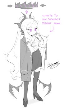 Rule 34 | 1girl, absurdres, arms up, black coat, black halo, black shoes, blue archive, breasts, closed mouth, coat, coat on shoulders, demon girl, demon horns, demon wings, dot mouth, dot nose, english text, forehead, frilled shirt, frills, hair ribbon, halo, high heels, highres, hina (blue archive), holding, holding own hair, horns, long coat, long hair, looking at viewer, low wings, military uniform, multicolored coat, overcoat, owlweeb, parted bangs, pencil skirt, purple eyes, purple halo, purple thighhighs, ribbon, shirt, shoes, side slit, signature, skirt, sleeves past wrists, small breasts, solo, standing, thighhighs, unworn clothes, very long hair, white coat, white hair, white shirt, wing ornament, wings