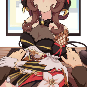 1boy 1girl bare_shoulders braid braided_hair_rings breasts brown_hair closed_mouth computer_keyboard computer_mouse gentildonna_(regina_dei_fiori)_(umamusume) gentildonna_(umamusume) gloves hair_rings head_out_of_frame holding_another's_wrist horse_girl large_breasts long_hair nieto_tokage see-through_cleavage see-through_clothes sidelocks sitting sitting_on_lap sitting_on_person smile umamusume white_gloves