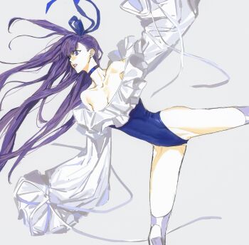 1girl bare_shoulders blue_choker blue_eyes blue_one-piece_swimsuit blue_ribbon breasts choker cleavage fate/grand_order fate_(series) feet_out_of_frame frilled_one-piece_swimsuit frills grey_background hair_ribbon hashtag-only_commentary highleg highleg_one-piece_swimsuit highres long_hair long_sleeves meltryllis meltryllis_(fate) meltryllis_(swimsuit_lancer)_(fate) meltryllis_(swimsuit_lancer)_(second_ascension)_(fate) moyanwxy off-shoulder_one-piece_swimsuit off_shoulder one-piece_swimsuit open_mouth prosthesis prosthetic_leg puffy_sleeves purple_hair ribbon sleeves_past_fingers sleeves_past_wrists solo swimsuit very_long_hair