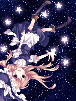 Rule 34 | 1girl, apron, bad id, bad pixiv id, blonde hair, female focus, hat, kirisame marisa, long hair, nayuta (artist), nayuta (scarlet-noize), night, red eyes, sky, smile, solo, star (symbol), touhou, upside-down, wavy hair, witch, witch hat