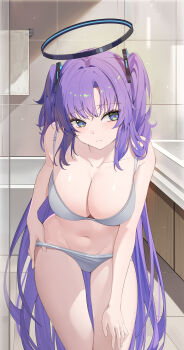 1girl absurdres black_halo blue_archive blue_eyes blue_hair blush breasts cleavage closed_mouth grey_panties grey_sports_bra hair_ornament halo highres indoors large_breasts long_hair looking_to_the_side navel panties solo sports_bra stomach thighs triangle_hair_ornament two_side_up underwear wh0_r_uo_o yuuka_(blue_archive)