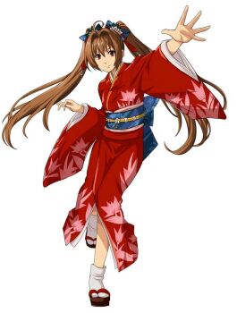 Rule 34 | 1girl, ahoge, akatsuki no kiseki, blue bow, bow, brown hair, closed mouth, eiyuu densetsu, estelle bright, floating hair, full body, hair between eyes, hair bow, hair intakes, japanese clothes, kimono, leg up, long hair, looking at viewer, obi, official art, print kimono, red eyes, red kimono, running, sash, simple background, smile, socks, solo, sora no kiseki, tabi, tachi-e, third-party source, twintails, very long hair, white background, white socks