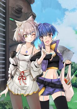 2girls animal_ears bag blue_hair blue_sky breasts brown_eyes bush cat_ears cat_girl cloud crop_top cropped_jacket dark-skinned_female dark_skin elbow_gloves fingerless_gloves gloves glowing glowing_hair grass highres medium_breasts midriff mio_(xenoblade) multiple_girls one_eye_closed pantyhose sena_(xenoblade) short_hair shorts side_ponytail skirt sky sofusan1526 tomato white_hair xenoblade_chronicles_(series) xenoblade_chronicles_3
