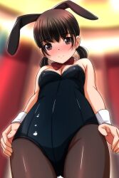 Rule 34 | 1girl, absurdres, animal ears, black leotard, black pantyhose, bow, bowtie, breasts, brown eyes, brown hair, detached collar, from above, gluteal fold, highres, leotard, looking at viewer, looking down, low twintails, matsunaga kouyou, original, pantyhose, playboy bunny, rabbit ears, red bow, red bowtie, short hair, small breasts, solo, standing, strapless, strapless leotard, twintails, wrist cuffs