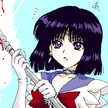 1girl :o bad_id bishoujo_senshi_sailor_moon blood bloody_weapon blue_background blunt_ends blush bob_cut bow bowtie brooch choker close-up commentary glaive_(polearm) gloves holding holding_weapon incoming_attack jewelry leotard light_blush looking_afar looking_ahead lowres magical_girl notice_lines oekaki open_mouth pixel_art polearm portrait purple_choker purple_eyes purple_hair purple_sailor_collar red_bow red_bowtie sailor_collar sailor_saturn sailor_senshi_uniform short_hair shou_(akuma_no_ryouiki) silence_glaive sleeveless solo star_(symbol) star_brooch star_choker tiara tomoe_hotaru translated weapon white_background white_gloves white_leotard