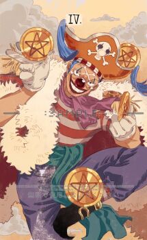 1boy blue_pants buggy_the_clown coat coin commentary gloves hat highres looking_at_viewer makeup male_focus one_piece pants pirate_hat red_lips red_nose roman_numeral sample_watermark sash siyangou49 smile solo v-shaped_eyebrows watermark white_gloves