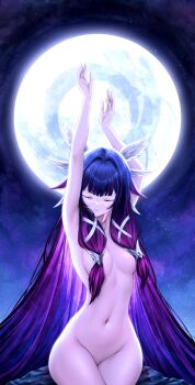 1girl absurdres arms_up black_hair breasts closed_eyes columbina_(genshin_impact) commentary_request completely_nude convenient_hair full_moon genshin_impact guilty_crown hair_over_breasts hands_up head_wings highres long_hair medium_breasts moon navel night nude parted_lips pose_imitation purple_hair royboy sitting sky solo stomach very_long_hair wings