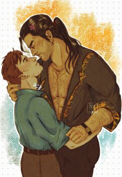 Rule 34 | 2boys, abs, absurdres, alsoika, arm hair, bare pectorals, belt, black belt, black pants, black shirt, blue shirt, brown hair, brown pants, chest hair, closed mouth, collarbone, collared shirt, commentary, dispatch, english commentary, eye contact, feet out of frame, flambae (dispatch), hairy, head back, highres, lapels, long hair, looking at another, male focus, medium sideburns, multiple boys, open clothes, open shirt, pants, pectorals, ponytail, robert robertson, shirt, shirt tucked in, short hair, smile, watch, wristwatch, yaoi