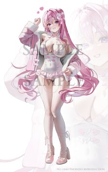 1girl absurdres alternate_costume bow breasts cleavage commentary dorothy_(nikke) english_commentary frilled_one-piece_swimsuit frills full_body fur-trimmed_jacket fur_trim goddess_of_victory:_nikke heart high_heels highres jacket large_breasts long_hair long_sleeves one-piece_swimsuit open_clothes open_jacket pink_bow pink_hair pink_jacket pink_shoes purple_eyes sample_watermark shoes smile solo swimsuit uyuri_(89976220) watermark white_one-piece_swimsuit