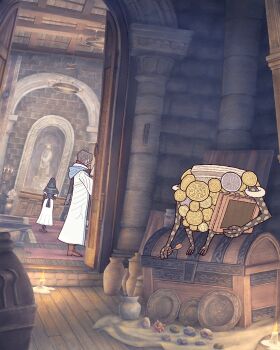 1boy 1girl 1other absurdres bibuo black_boots black_gloves black_hood boots brick_wall brown_boots brown_hair candle capelet chalkboard chandelier coif column commentary_request elbow_gloves elden_ring elden_ring_nightreign flat_color full_body gem gloves highres in-universe_location living_jar_(elden_ring) nun pew pillar plate reading robe scholar_(elden_ring) short_hair sitting standing undertaker_(elden_ring) urn white_robe