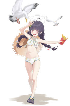 1girl a_san_san absurdres bikini bird black_hair blue_archive braid crocs food french_fries full_body grey_halo halo hat hat_on_back highres leaf leaf_on_head leaf_print long_hair miyu_(blue_archive) miyu_(swimsuit)_(blue_archive) navel open_mouth print_bikini red_eyes seagull shadow simple_background solo straw_hat swimsuit twin_braids white_background white_bikini