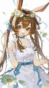 1girl :d absurdres aged_down alternate_costume amiya_(arknights) animal_ears arknights blue_collar blue_eyes blue_ribbon brown_hair chinese_commentary collar commentary_request cowboy_shot dress flower flower_wreath hair_between_eyes head_wreath highres jewelry long_hair looking_at_viewer multiple_rings open_mouth rabbit_ears rabbit_girl ribbon ring smile solo standing twintails white_background white_dress white_flower xiao_pa_crawl