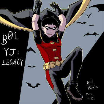 10s 1boy 2013 bat_(animal) batman_(series) black_hair boots cape character_name dc_comics dick_grayson domino_mask eye_mask male_focus mask riyan robin_(dc) solo young_justice:_invasion
