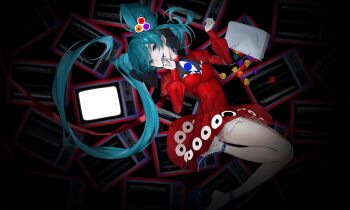 1girl alternate_costume alternate_hairstyle aqua_eyes aqua_hair asymmetrical_hair bag black_bow bow bow_choker breasts candy choker colored_mouth commentary_request crt dress eye_print eyeball_hair_ornament folded_hair food foot_out_of_frame frilled_dress frills from_above hair_ornament hair_ribbon hairband hatsune_miku highres holding holding_candy holding_food holding_lollipop juliet_sleeves lollipop long_hair long_sleeves looking_at_viewer lying on_back open_mouth print_dress psi_(vocaloid) puffy_long_sleeves puffy_sleeves red_choker red_dress ribbon small_breasts solo spotlight static television tlseone twintails uneven_twintails very_long_hair vocaloid white_bag