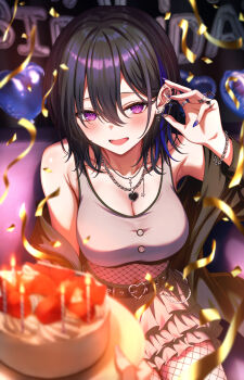 1girl absurdres armpit_crease balloon bare_shoulders black_hair black_jacket black_streaks blue_hair blue_nails blurry blush breasts cake candle candlelight chain chain_bracelet chair cleavage collarbone commentary_request confetti crop_top cross cross_necklace depth_of_field earrings fingernails food frilled_skirt frills fruit grey_shirt grey_skirt hair_between_eyes hand_up happy_birthday heart heart_balloon heart_necklace highres ichinose_uruha jacket jewelry large_breasts light_smile long_fingernails long_sleeves looking_at_viewer lower_teeth_only multicolored_hair nail_polish necklace official_alternate_hairstyle on_chair open_clothes open_jacket open_mouth purple_eyes sasamisable shirt short_hair sitting skirt sleeveless solo star_(symbol) strawberry streaked_hair teeth virtual_youtuber vspo!