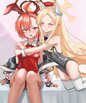 2girls absurdres ahoge alternate_costume animal_ear_fluff animal_ear_hairband animal_ears bandaid bandaid_on_knee bandaid_on_leg bare_arms bare_legs bare_shoulders black_bow black_bowtie black_halo black_jacket black_leotard black_nails blonde_hair blue_archive blush bowtie braid breasts closed_mouth cross_halo detached_collar dot_nose ear_wreath earrings extra_ears fake_animal_ears fangs fingernails flat_chest floral_print flower forehead fox_ears fox_girl fox_tail hair_between_eyes hair_flower hair_ornament hairband halo highleg highleg_leotard highres hug hug_from_side huge_ahoge jacket jewelry kneeling knees_up leotard loli long_hair long_sleeves looking_at_another multiple_girls nail_polish neru_(blue_archive) neru_(bunny)_(blue_archive) nontraditional_playboy_bunny off_shoulder official_alternate_costume on_bed open_clothes open_jacket open_mouth parted_bangs pink_eyes playboy_bunny print_jacket rabbit_ear_hairband rabbit_ears red_bow red_bowtie red_eyes red_hair red_hairband red_leotard seia_(blue_archive) sidelocks single_braid sitting small_breasts smile strapless strapless_leotard striped_thighhighs stud_earrings sweatdrop taeman tail thighhighs v-shaped_eyebrows vertical-striped_clothes vertical-striped_thighhighs white_thighhighs wrist_cuffs yellow_halo zettai_ryouiki