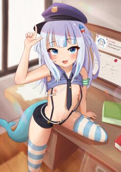1girl absurdres arm_support armband black_necktie black_shorts blue_eyes blue_hair blue_hat blue_shirt blue_skirt blurry blurry_background blush book breasts bulletin_board clothes_lift collared_shirt commission crop_top desk english_text feet_out_of_frame fins fish_tail gawr_gura green_armband grey_hair hair_ornament hand_up hat highres hololive hololive_english indoors kurohi_drw loli long_hair looking_at_viewer micro_shorts multicolored_hair navel necktie nipples no_bra open_mouth photo_(object) pixiv_commission police police_hat police_uniform policewoman shark_girl shark_hair_ornament shark_tail sharp_teeth shiny_skin shirt shirt_lift shorts skirt sleeveless sleeveless_shirt small_breasts smile solo streaked_hair striped_clothes striped_thighhighs suspenders tail teeth thighhighs tie_clip two_side_up upper_teeth_only variant_set virtual_youtuber