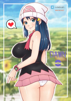 1girl absurdres ass beanie black_shirt blue_eyes blue_hair blush breasts clothes_lift cloud dawn_(pokemon) flower from_behind grass hair_ornament hairclip hat heart highres large_breasts long_hair looking_at_viewer looking_back misune_art nintendo panties pink_skirt poke_ball_print poke_ball_symbol pokemon pokemon_dppt poketch print_headwear red_scarf scarf shirt skirt skirt_lift sky smile speech_bubble spoken_heart standing sunflower tank_top underwear watch white_hat white_panties wristwatch yellow_flower